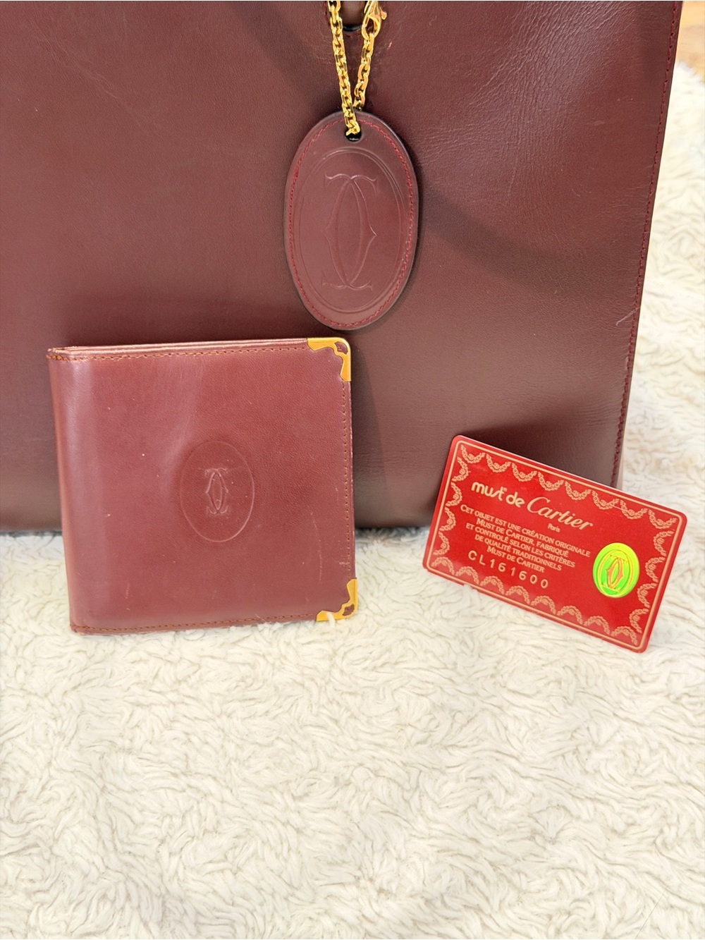 Vintage Cartier Burgundy Leather Tote Wallet Set